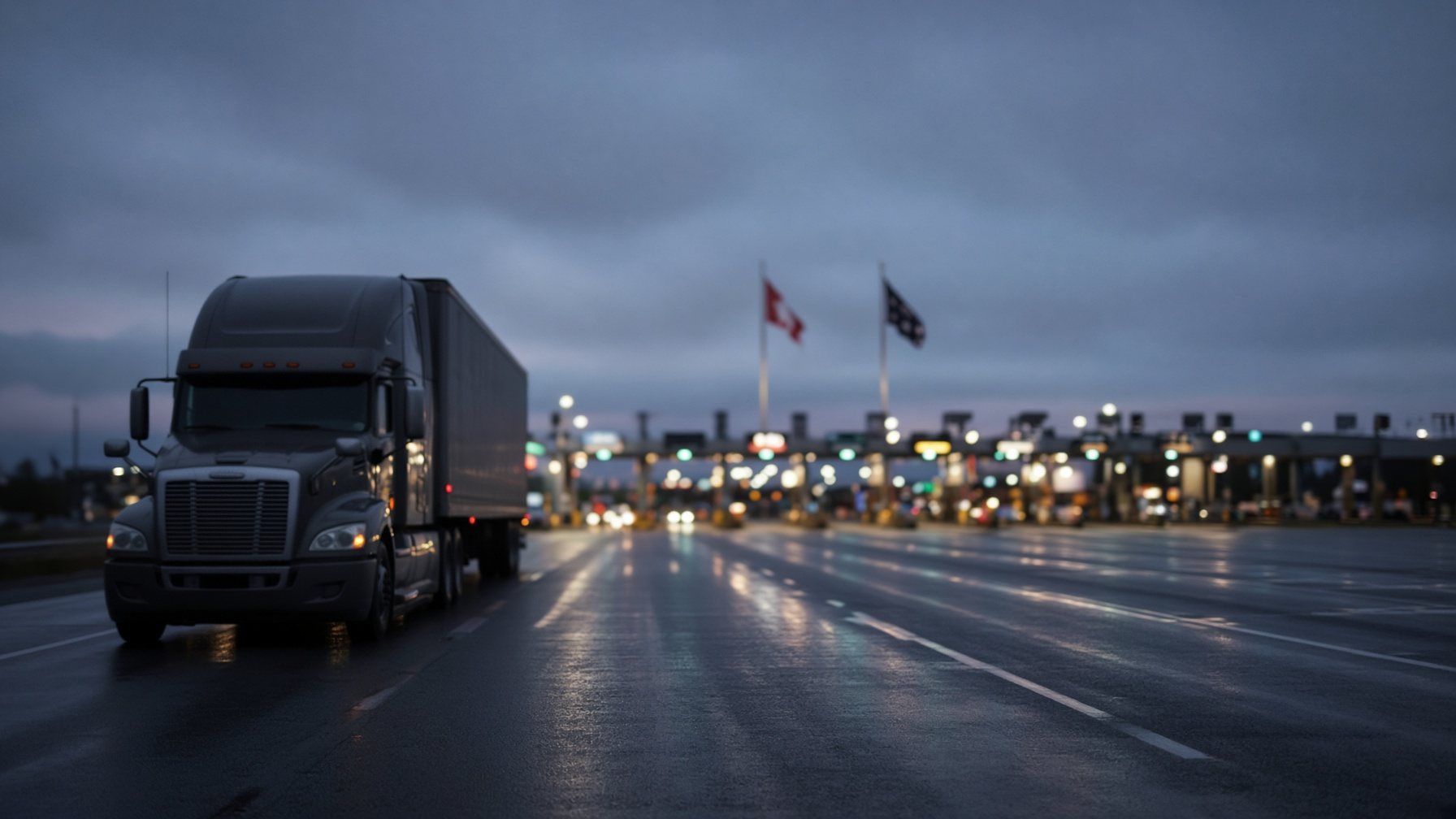 Freight trucks staged at a Canada–United States highway border crossing at dusk