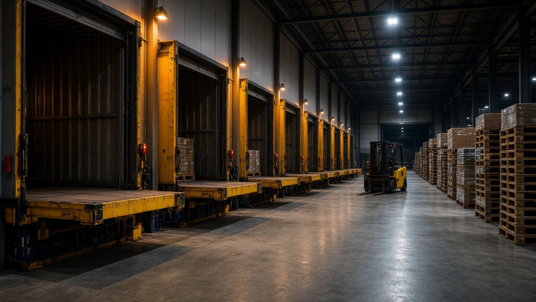 Cross-dock warehouse interior with open trailer doors and pallet flow between docks