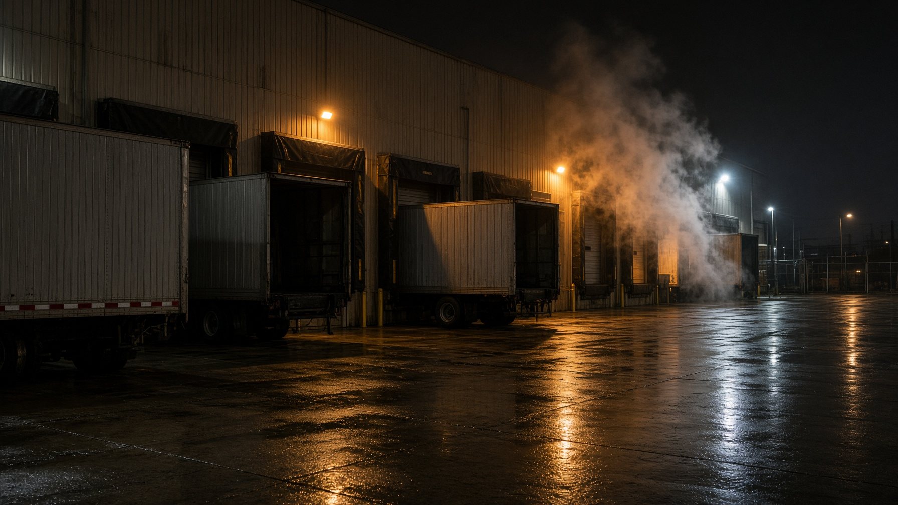 Trailers backed into a loading dock at night