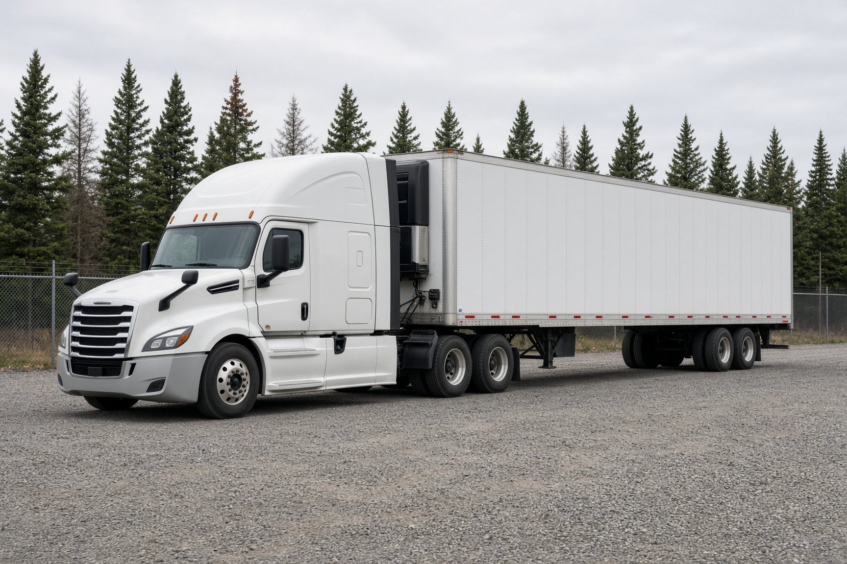 White 53-foot dry van tractor-trailer parked in a Canadian yard