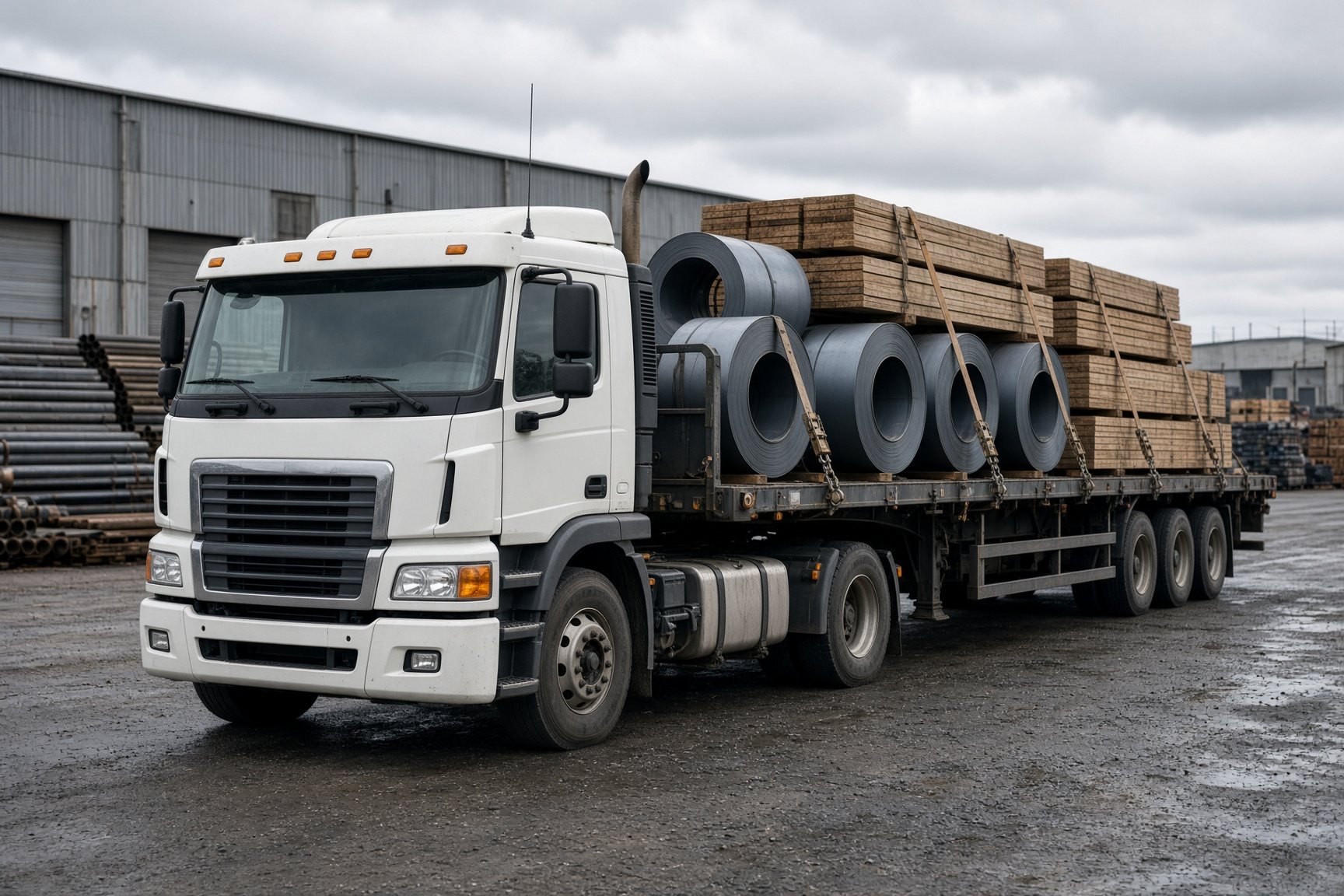 Flatbed tractor-trailer loaded with strapped steel coils and lumber
