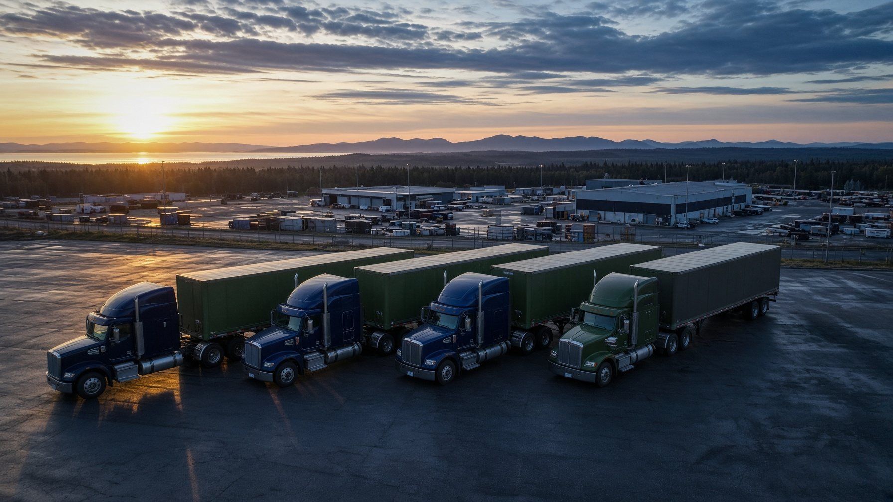 Aerial view of a truck terminal yard at sunrise
