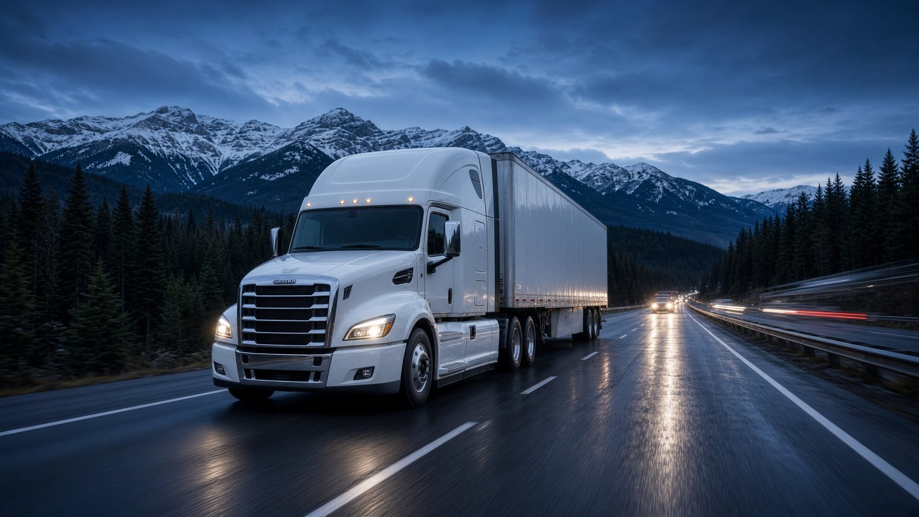 Tractor-trailer on a wet Canadian highway at blue hour