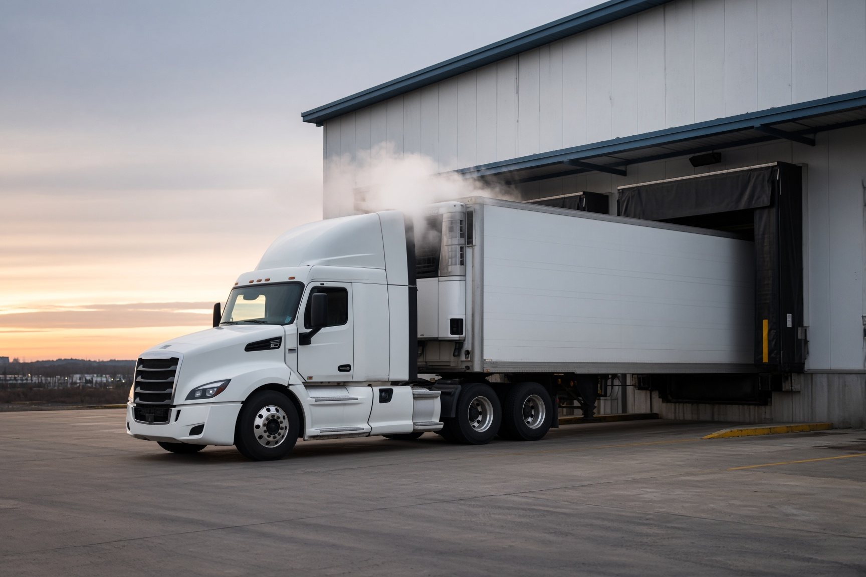 Refrigerated trailer at a cold-storage dock with unit vapor in dawn light