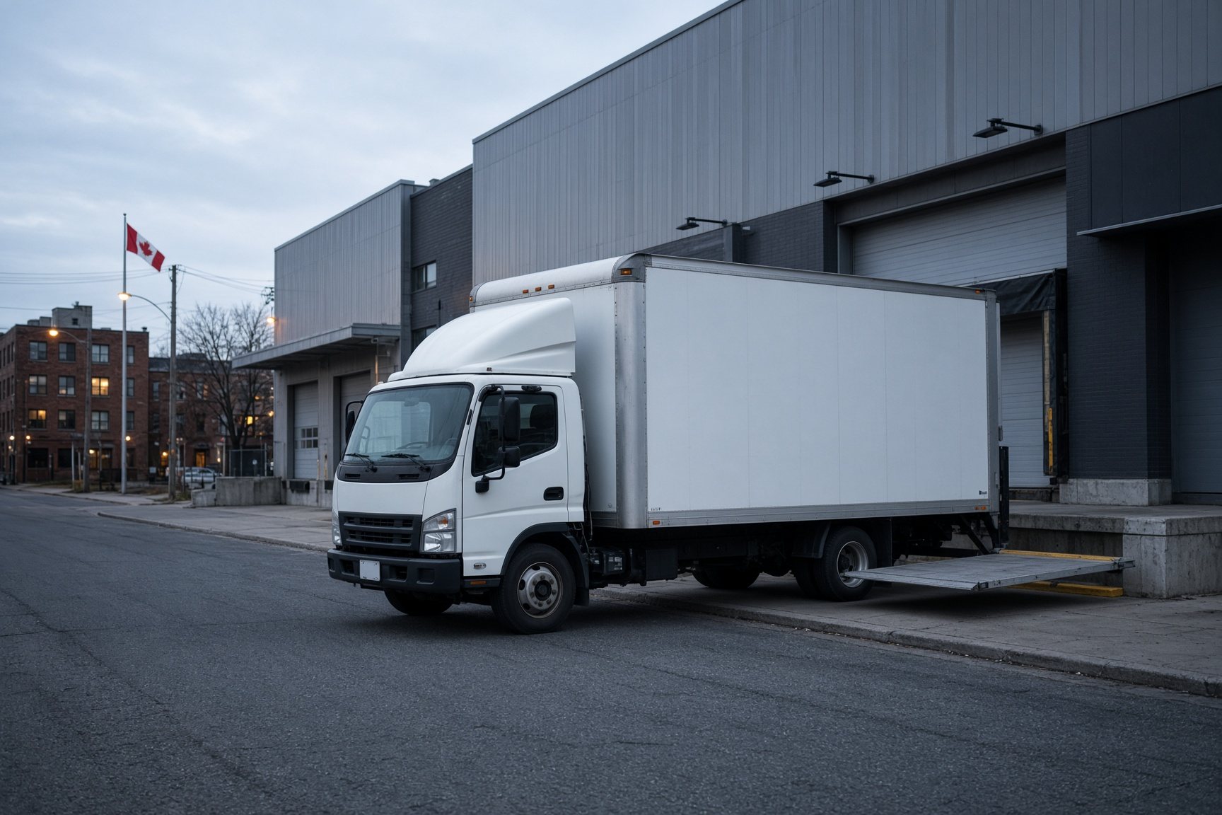 Straight truck with liftgate at a city warehouse curb
